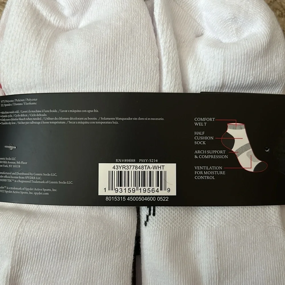 Spyder Men's Low Cut Athletic Socks 5 Pair Pack White Size 6-12 NWT